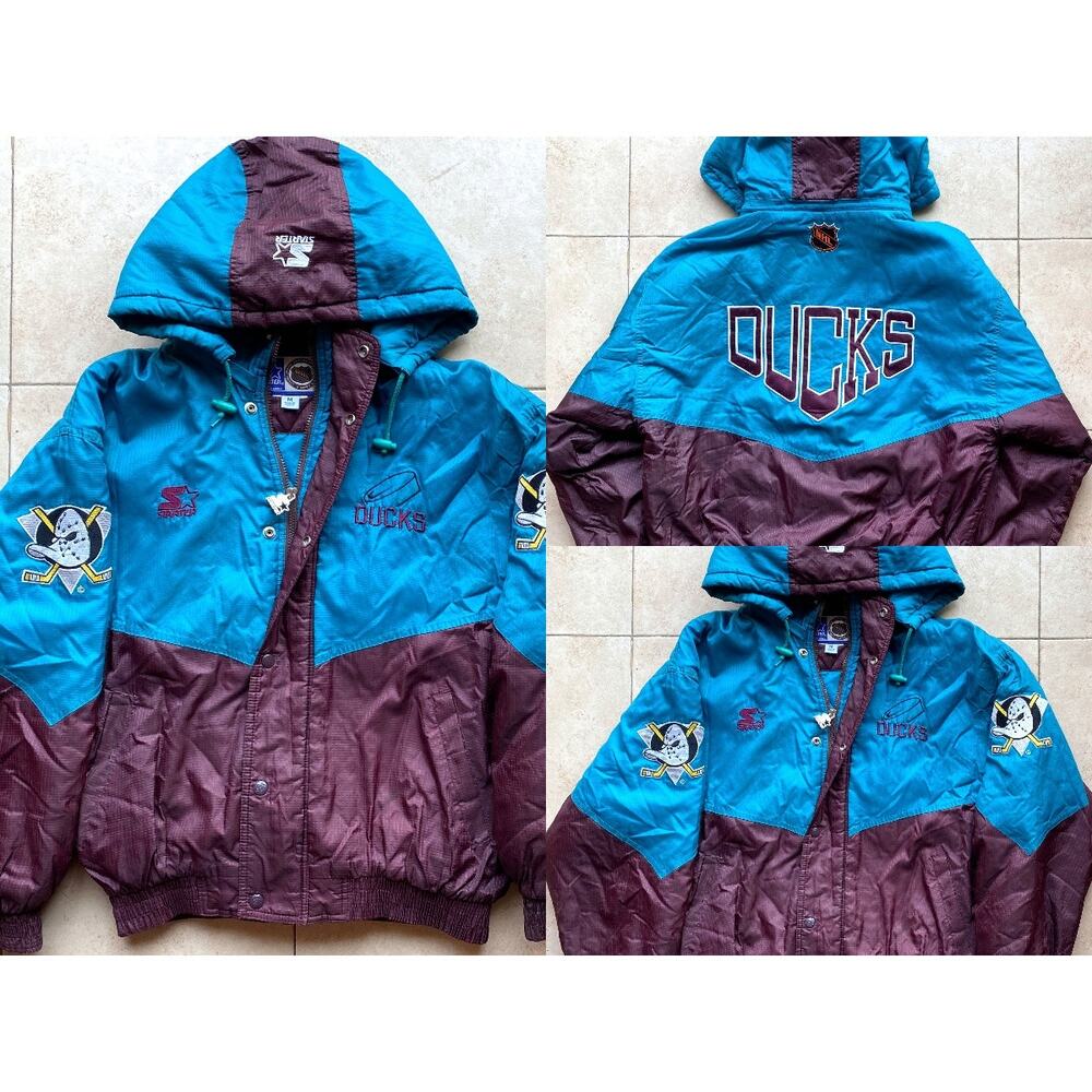 Anaheim Mighty Ducks 90s STARTER puffer Logos jacket hood M teal purple NHL vtg